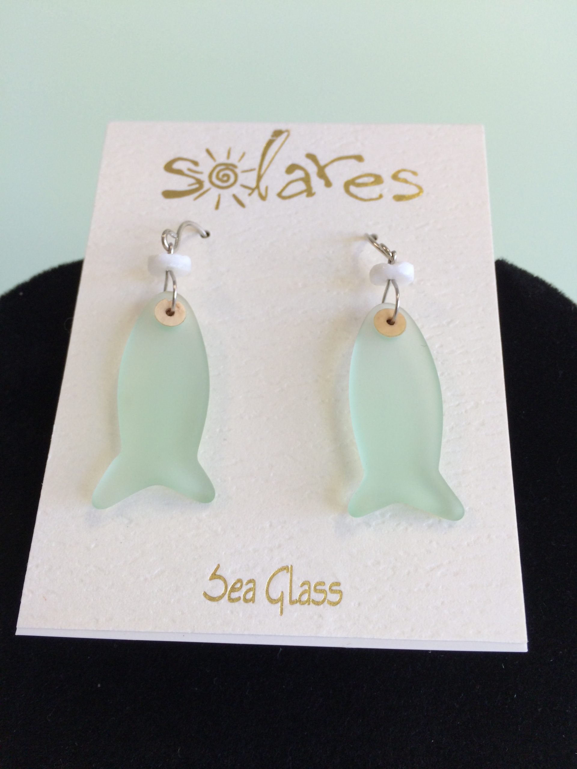 Light Green Sea Glass Fish & Puka Earrings