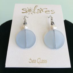 Light Blue Sea Glass Round Earrings with Pearl