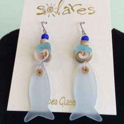 Light Blue Sea Glass Fish Earrings with Shell