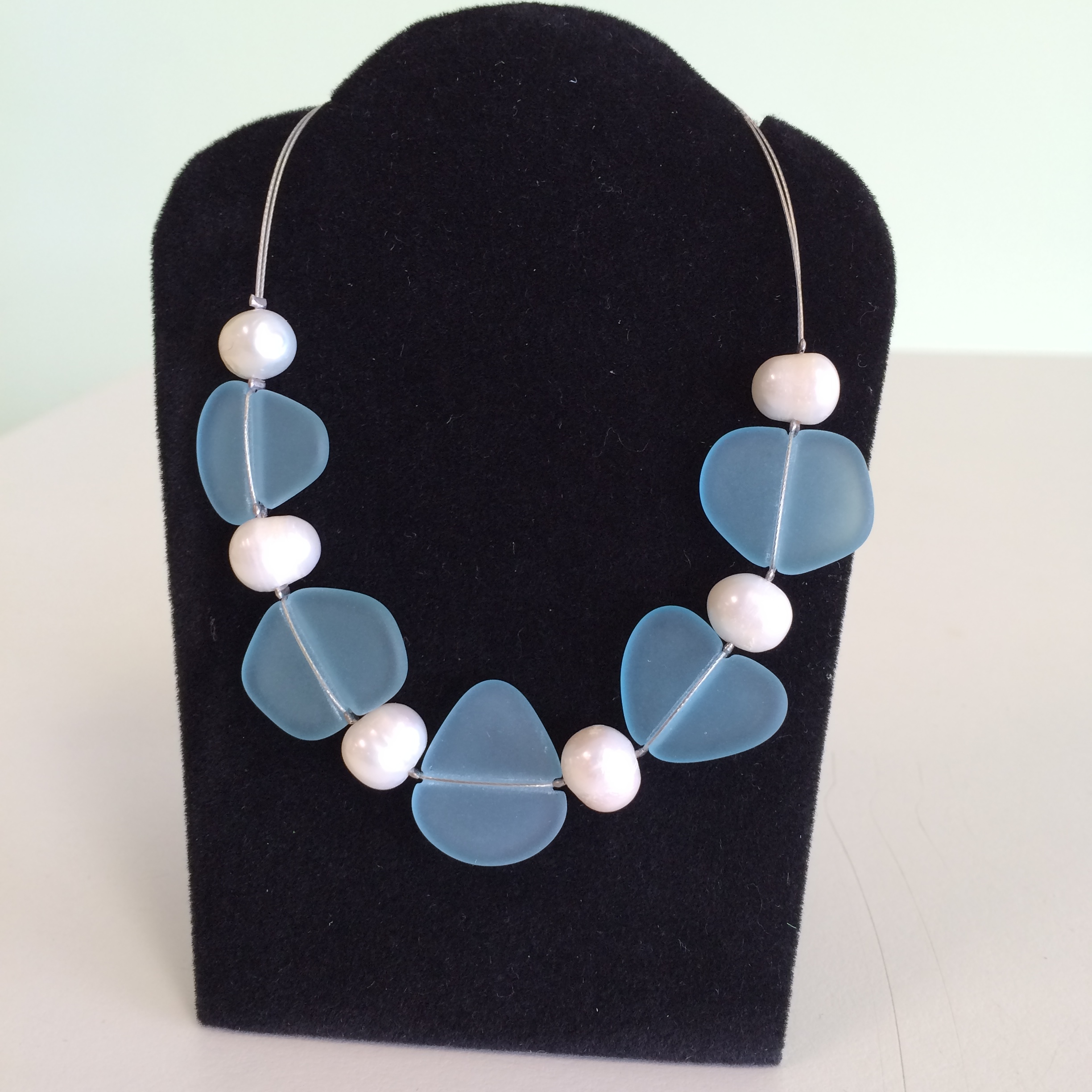 Light Aqua Sea Glass Necklace with Pearls