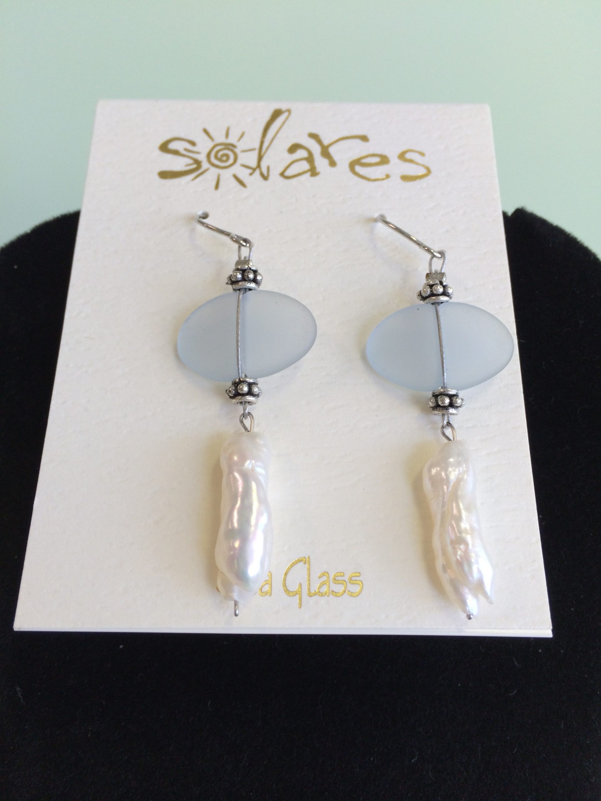 Light Blue Sea Glass Earrings with Pearl