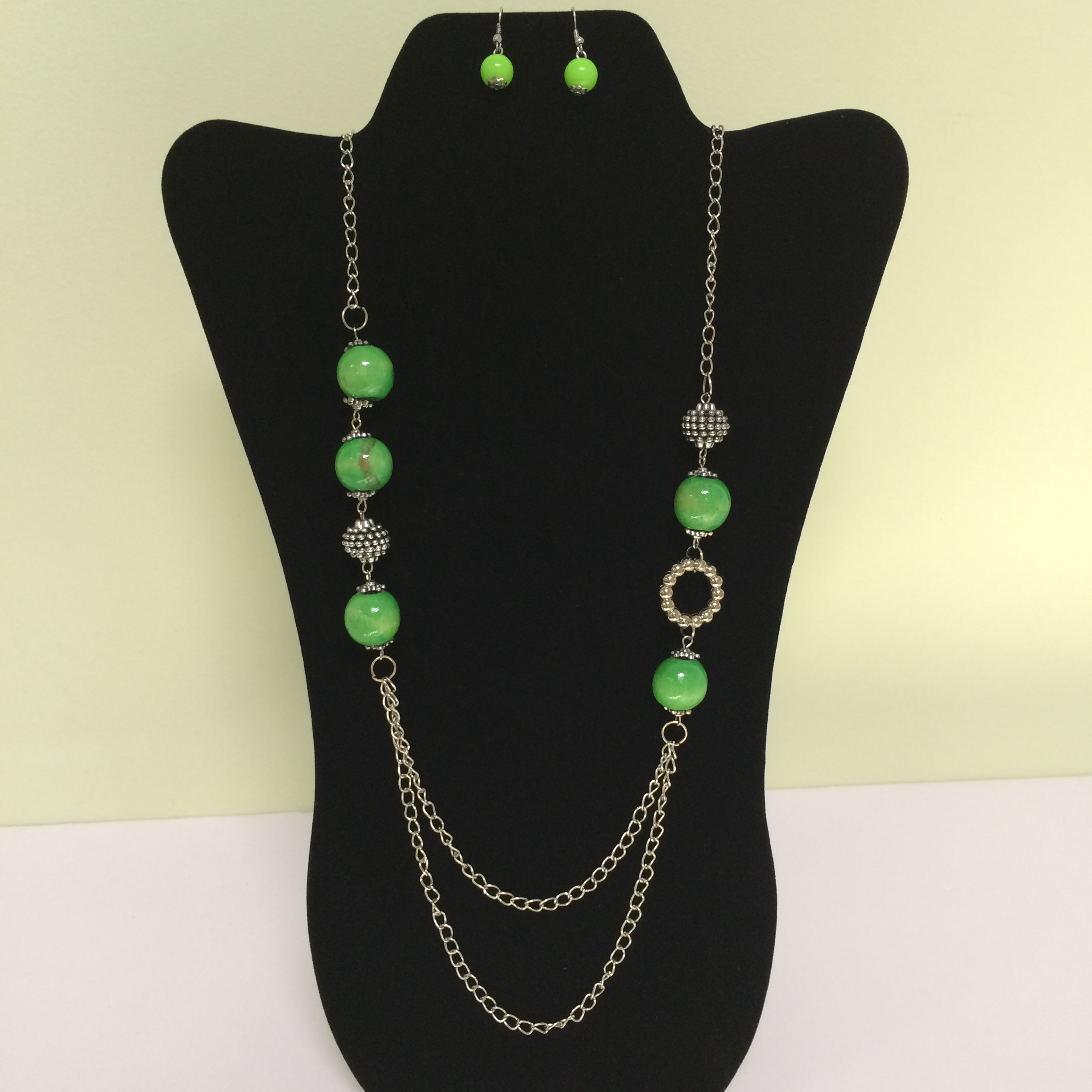 Lime Green Fashion Necklace on Silver Colored Chain & Earring Set