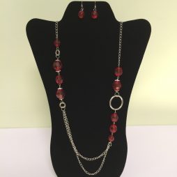 Fashion Necklace & Earring Red Beads Silver Circles Set 130