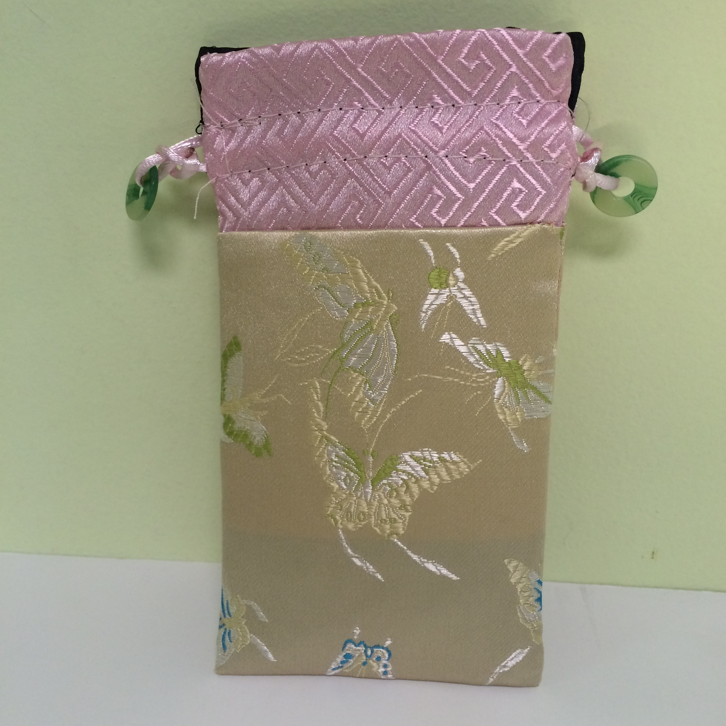 Chinese Cell Phone Pouch with Drawstring, gold & pink embroidered