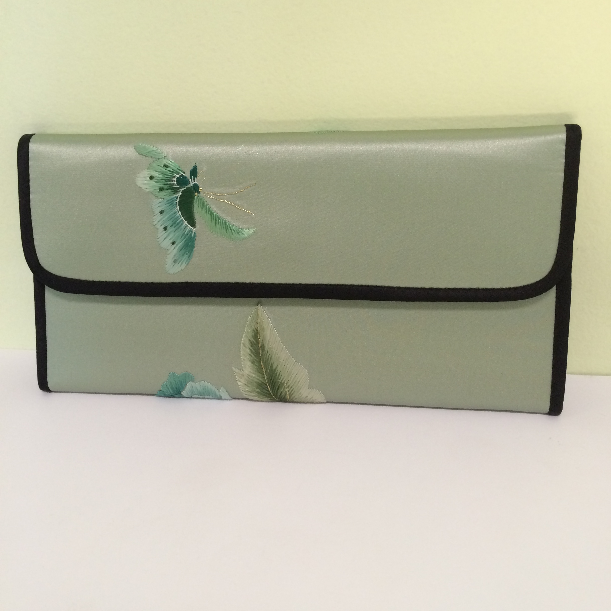 Chinese Silk Snap Wallet, Green with Flower
