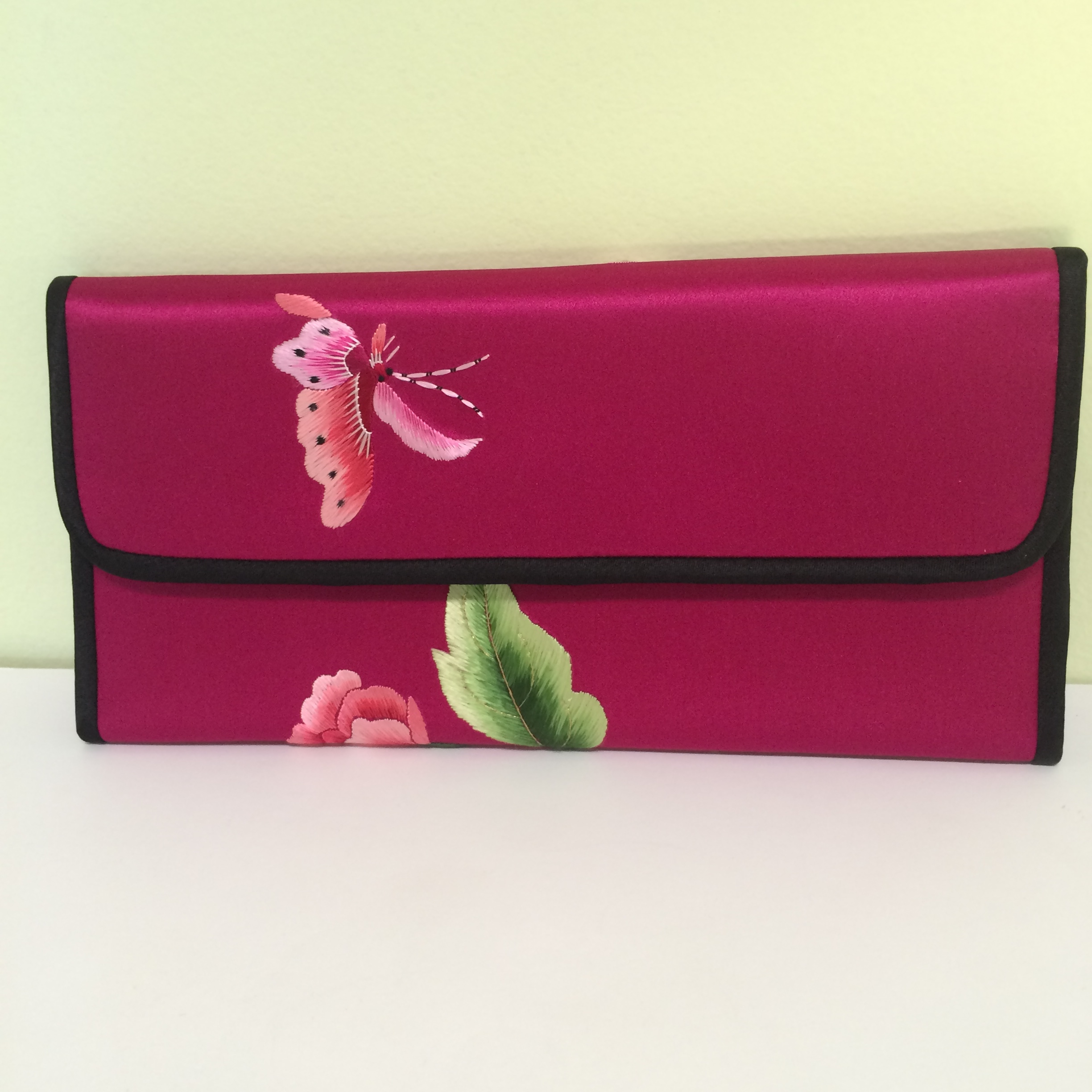Chinese Snap Wallet, Burgandy with Flowers