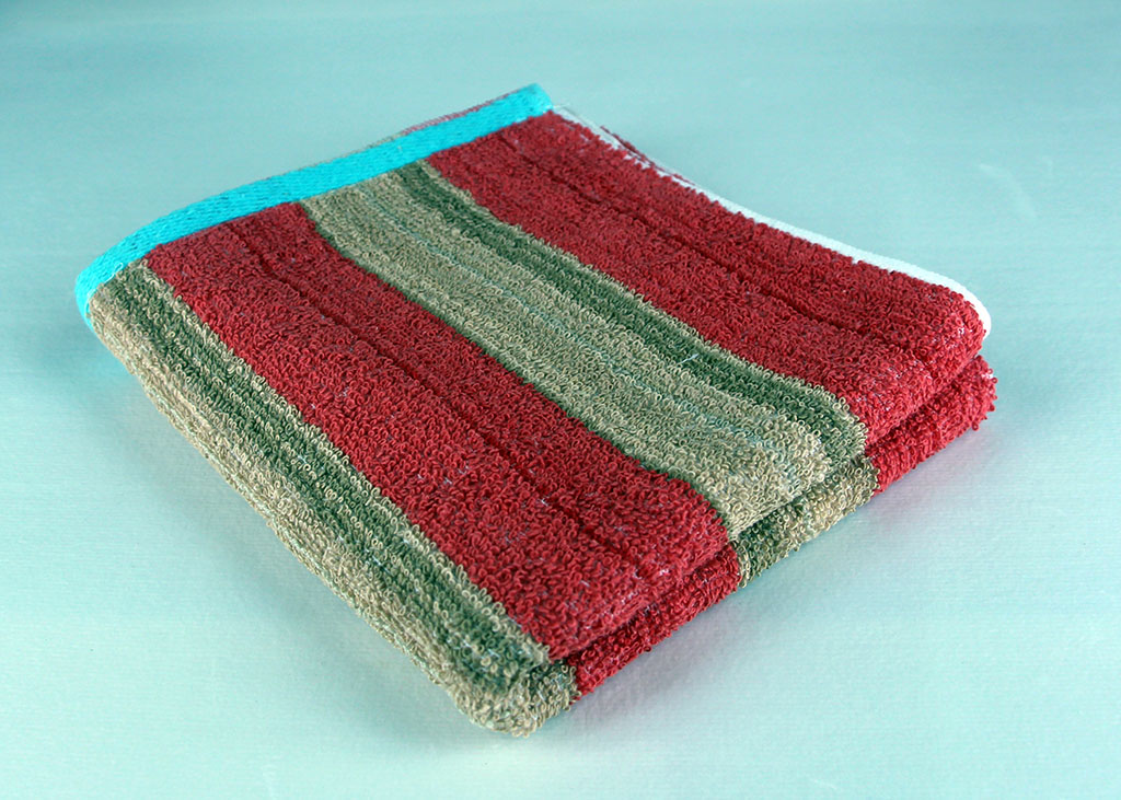dish towel, red brown and blue