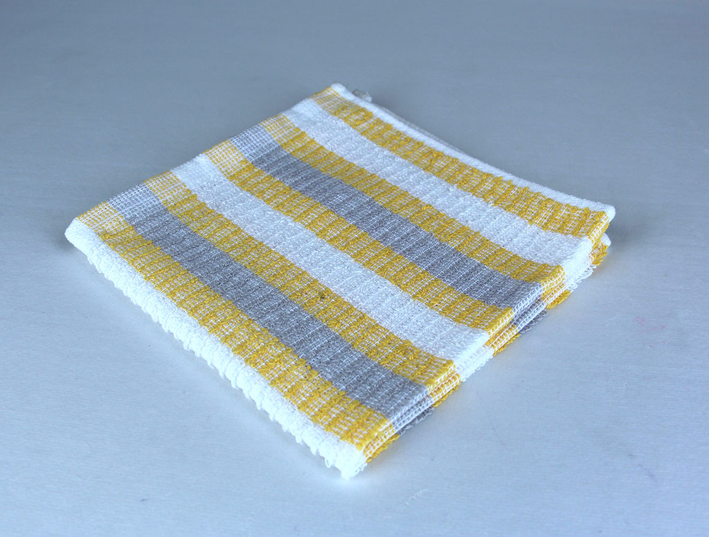 dish cloth, white with gray and yellow stripes