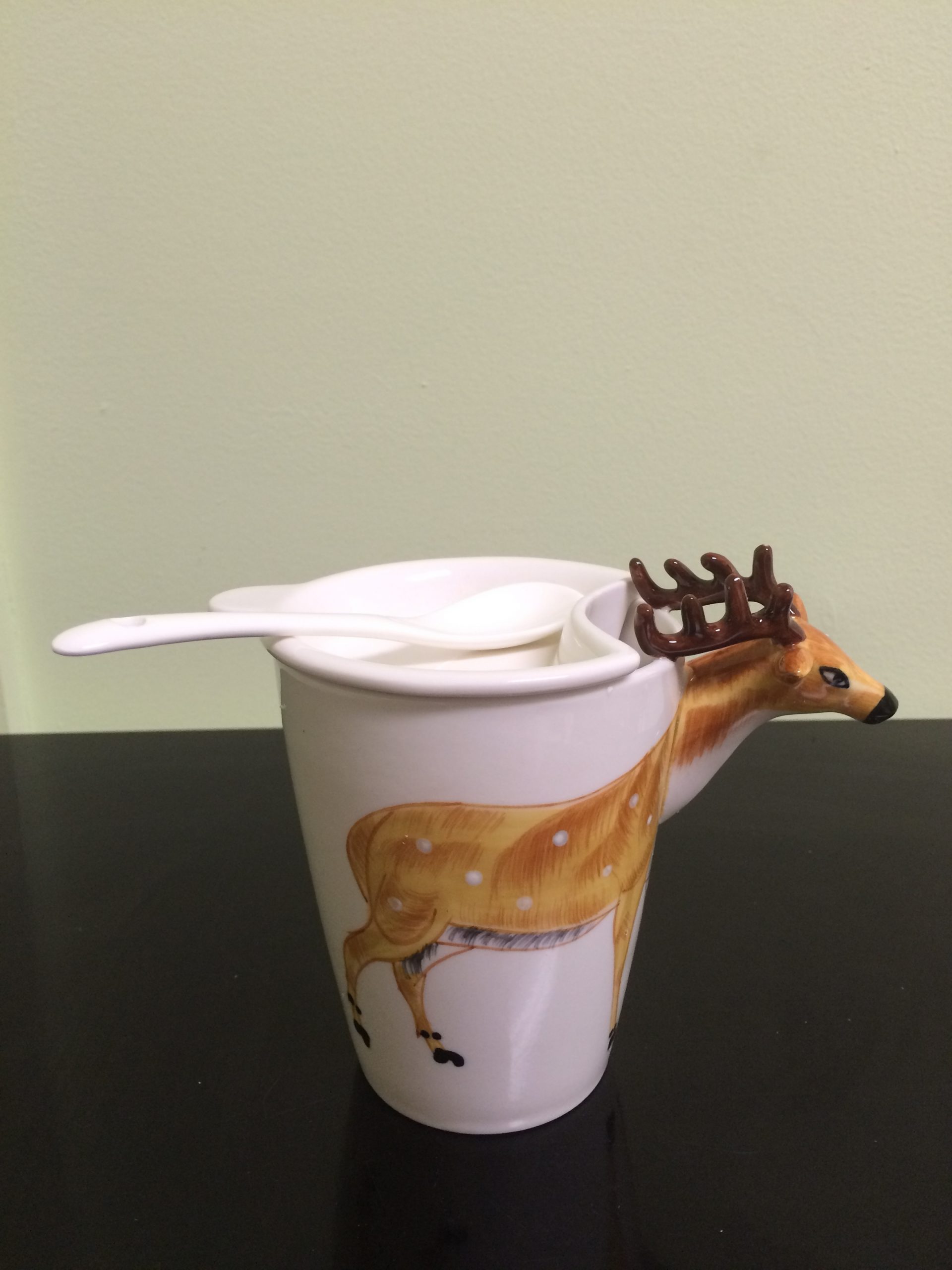 Ceramic 3D Animal Shape Tea/Coffee Cup with Lid & Spoon. Deer